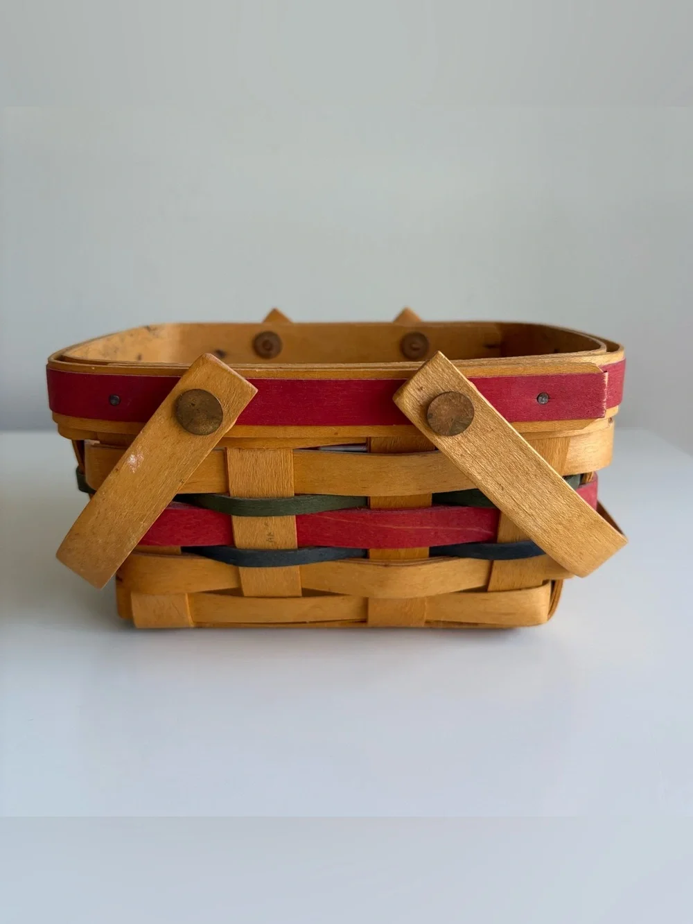 Vintage 1999 Longaberger Basket Red Green Double Handle Primitive Country